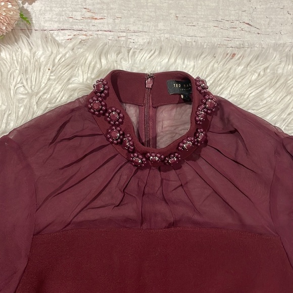 Ted Baker Cacey Embellished Neck Sheer Long Sleeve Maroon Sheath Dress - Picture 6 of 11